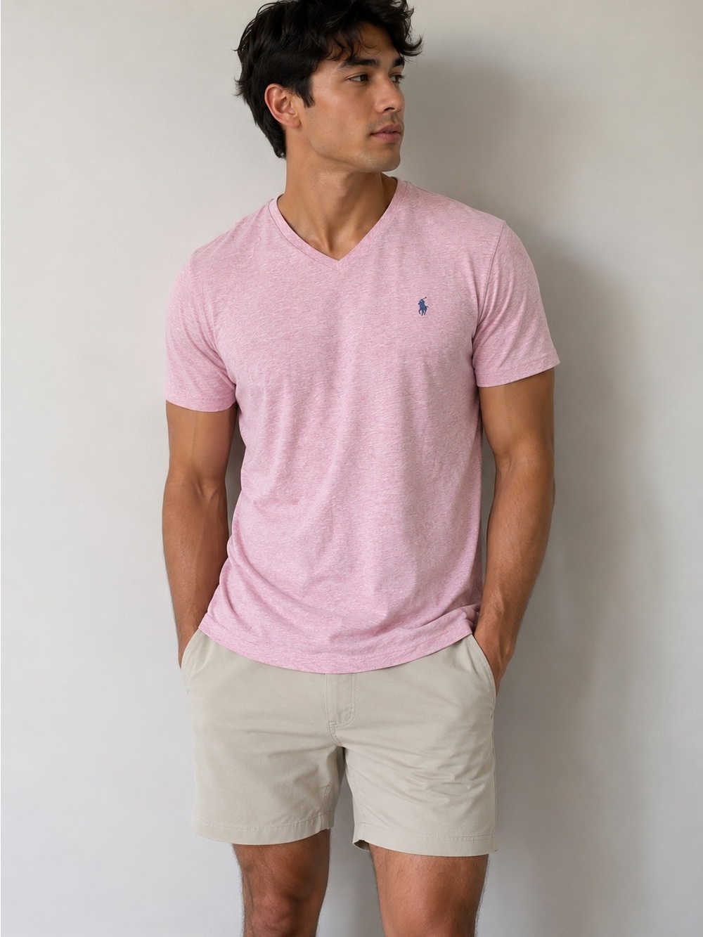 Polo by Ralph Lauren Heather Pink V‑Neck Tee with Navy Pony